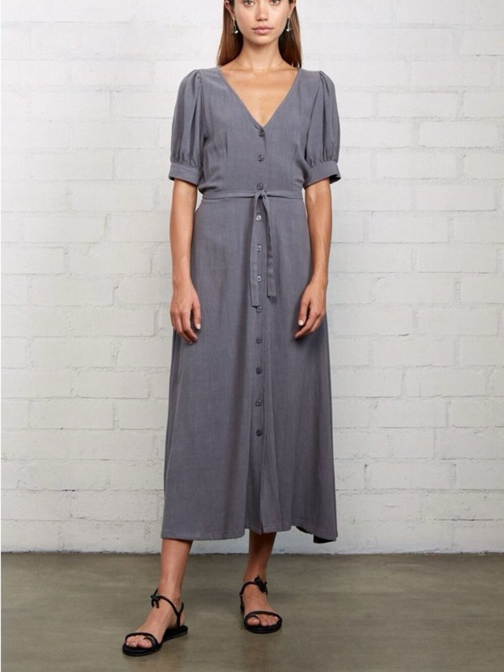 Rachel Pally Piper Linen Blend Midi Dress Mauve XS Puff Sleeve
